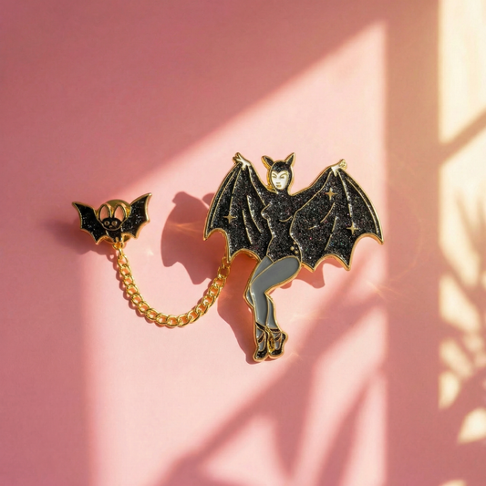 Bat Lady & Her Wingman Enamel Pin | Glitter Gothic Chain Pin Halloween