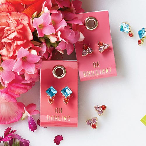 Be Brilliant Gemstone Leather Tag Earrings | Light Pink and Bright Orange