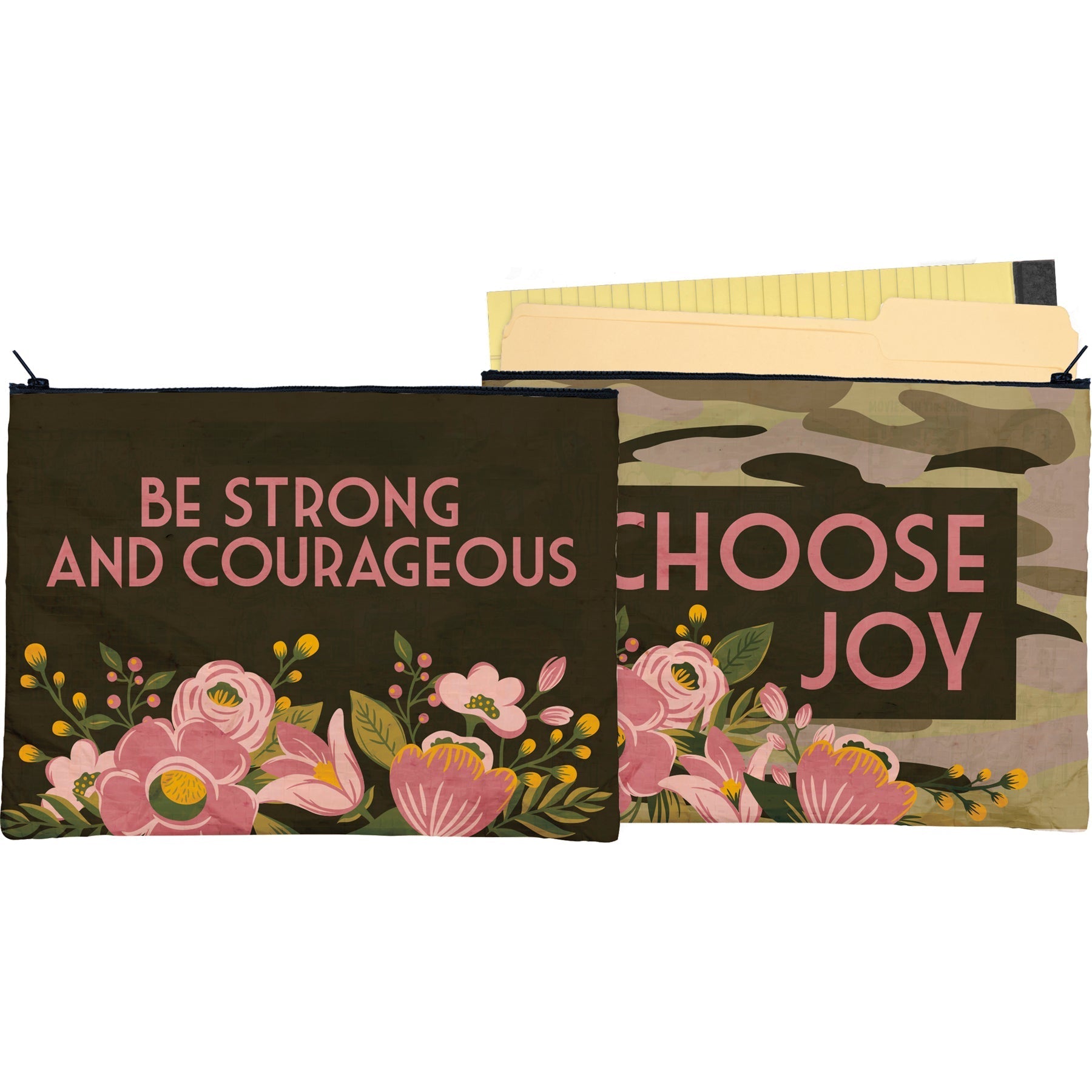 Be Strong And Courageous Zipper Folder | Double-sided Camo Pouch | 14.25" x 10"