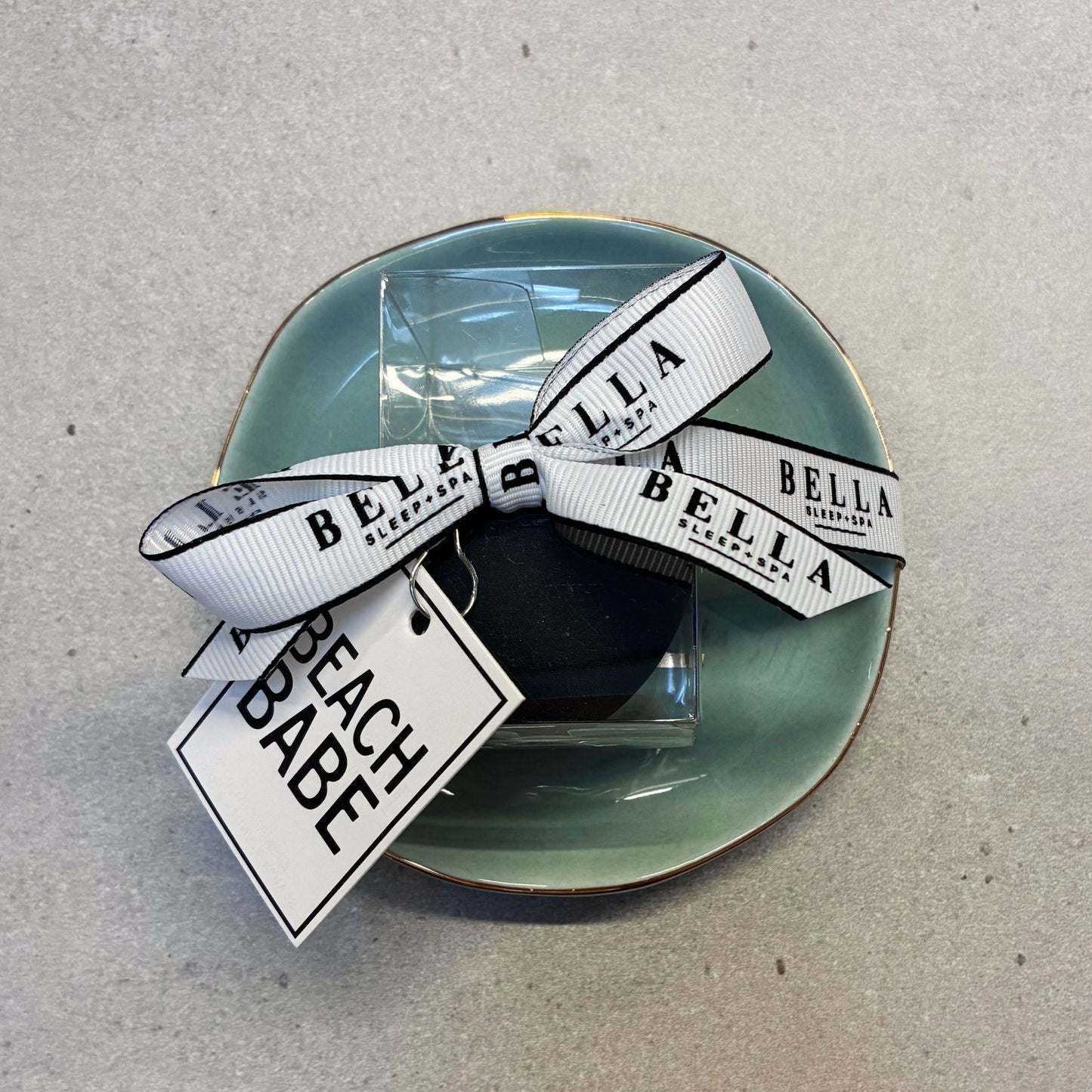 Beach Babe Sage Green Ceramic Tray with Makeup Sponge Gift Set | Cosmetic Giftable Beauty Tools Set