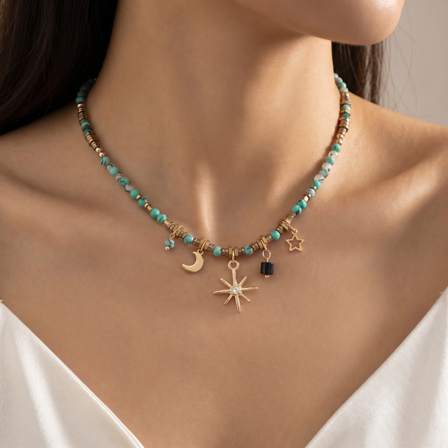 Beaded Celestial Necklace | Sun, Star & Moon Charms in Aqua, Gold & Bronze