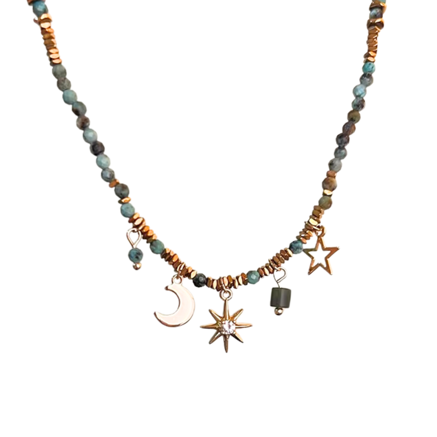 Beaded Celestial Necklace | Sun, Star & Moon Charms in Aqua, Gold & Bronze