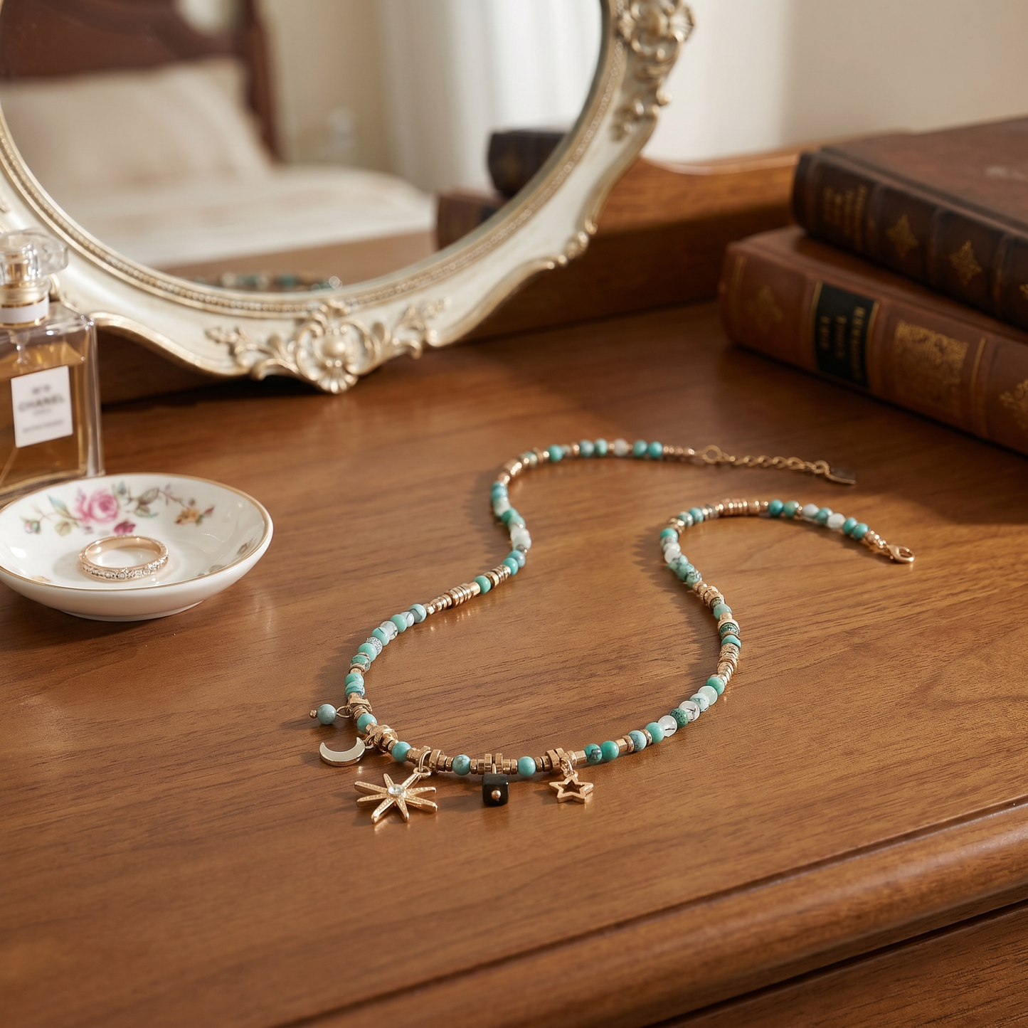 Beaded Celestial Necklace | Sun, Star & Moon Charms in Aqua, Gold & Bronze