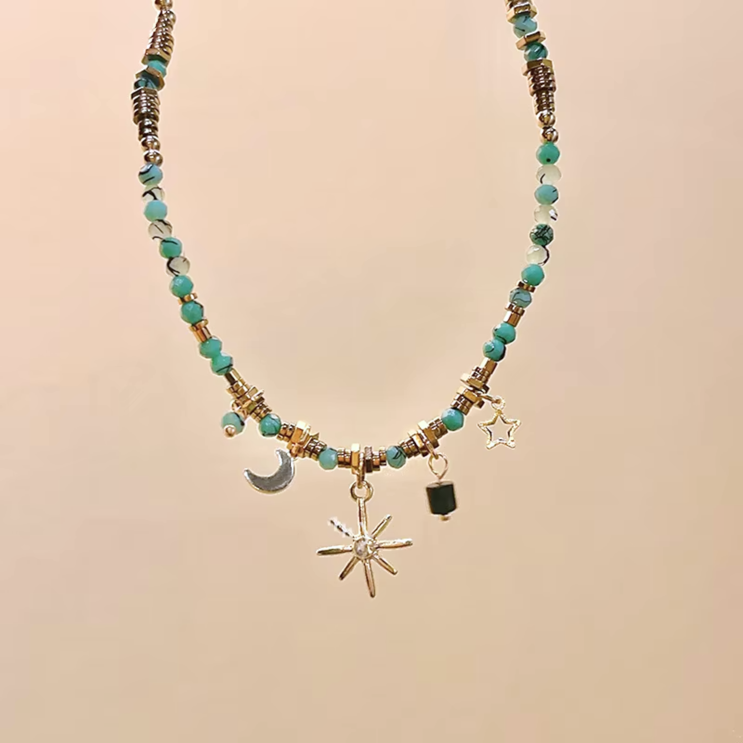 Beaded Celestial Necklace | Sun, Star & Moon Charms in Aqua, Gold & Bronze
