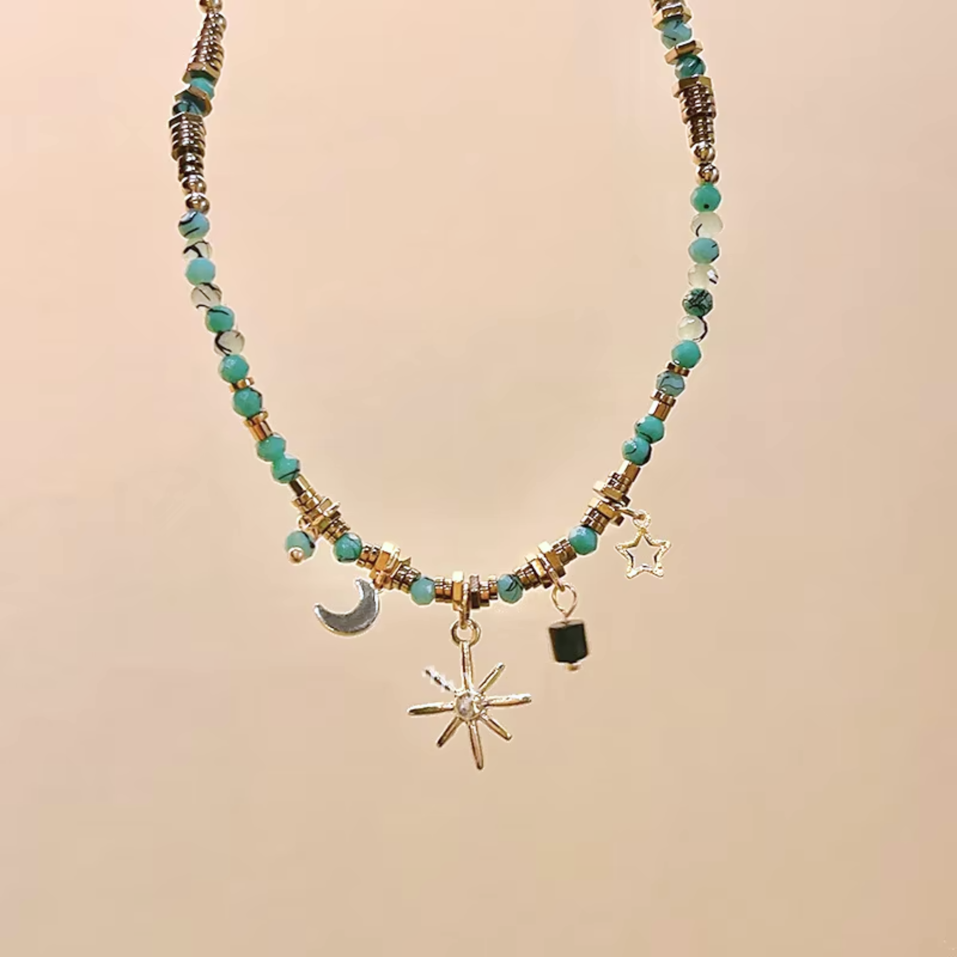 Beaded Celestial Necklace | Sun, Star & Moon Charms in Aqua, Gold & Bronze