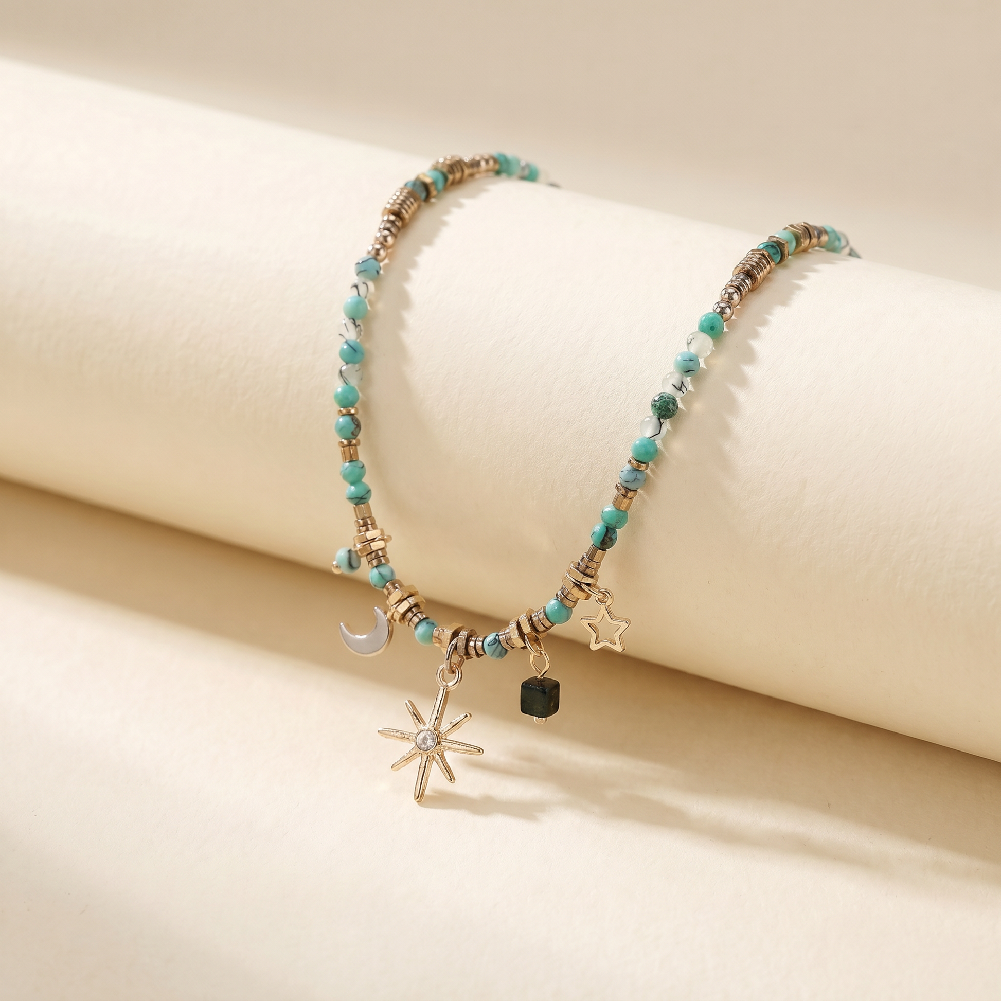 Beaded Celestial Necklace | Sun, Star & Moon Charms in Aqua, Gold & Bronze