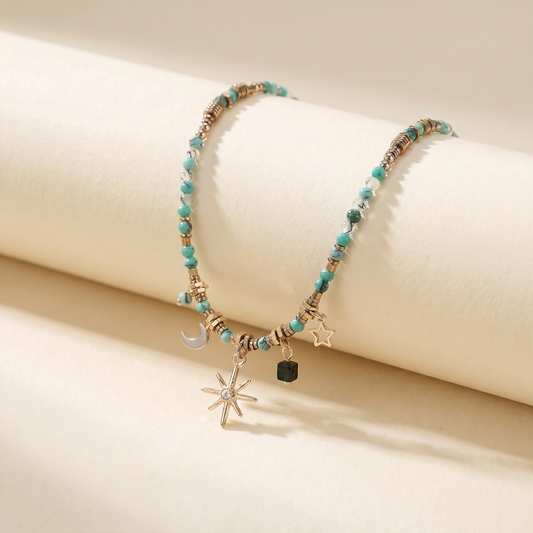 Beaded Celestial Necklace | Sun, Star & Moon Charms in Aqua, Gold & Bronze