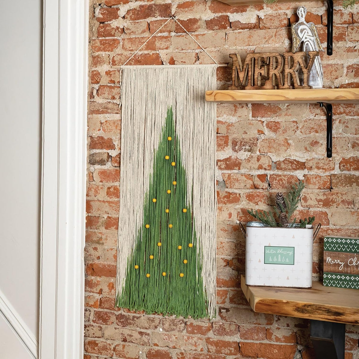 Beaded Tree Boho Christmas Wall Hanging | Cotton Fringe Tapestry with Wooden Beads-Primitives by Kathy-The Bullish Store