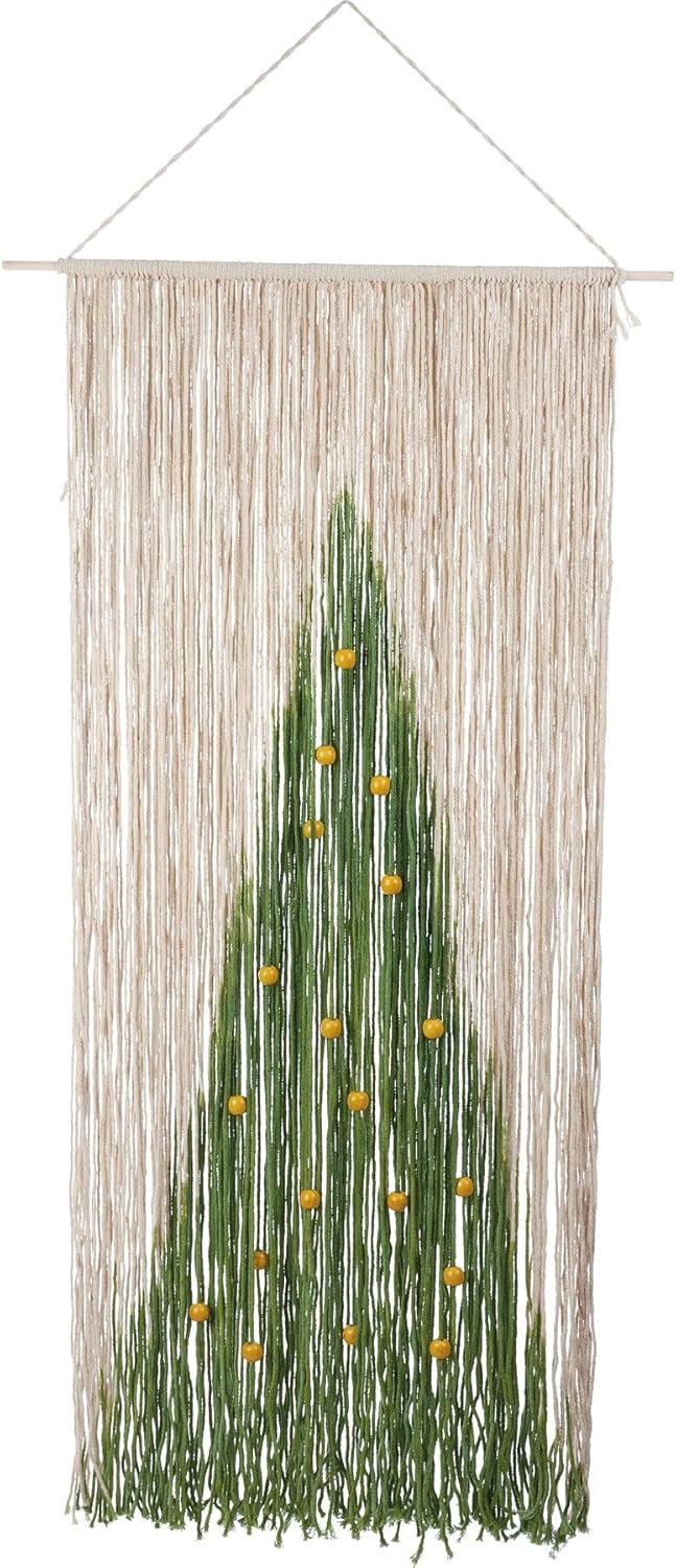 Beaded Tree Boho Christmas Wall Hanging | Cotton Fringe Tapestry with Wooden Beads-Primitives by Kathy-The Bullish Store