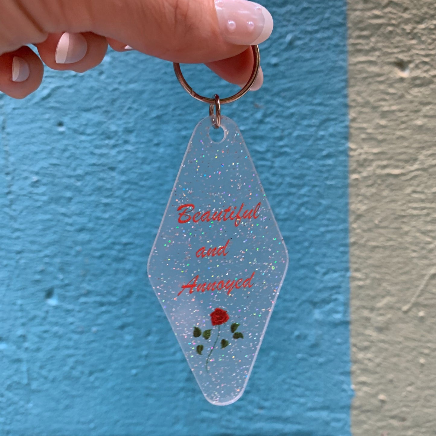 Beautiful and Annoyed Motel Style Key Tag Keychain in Transparent Glitter