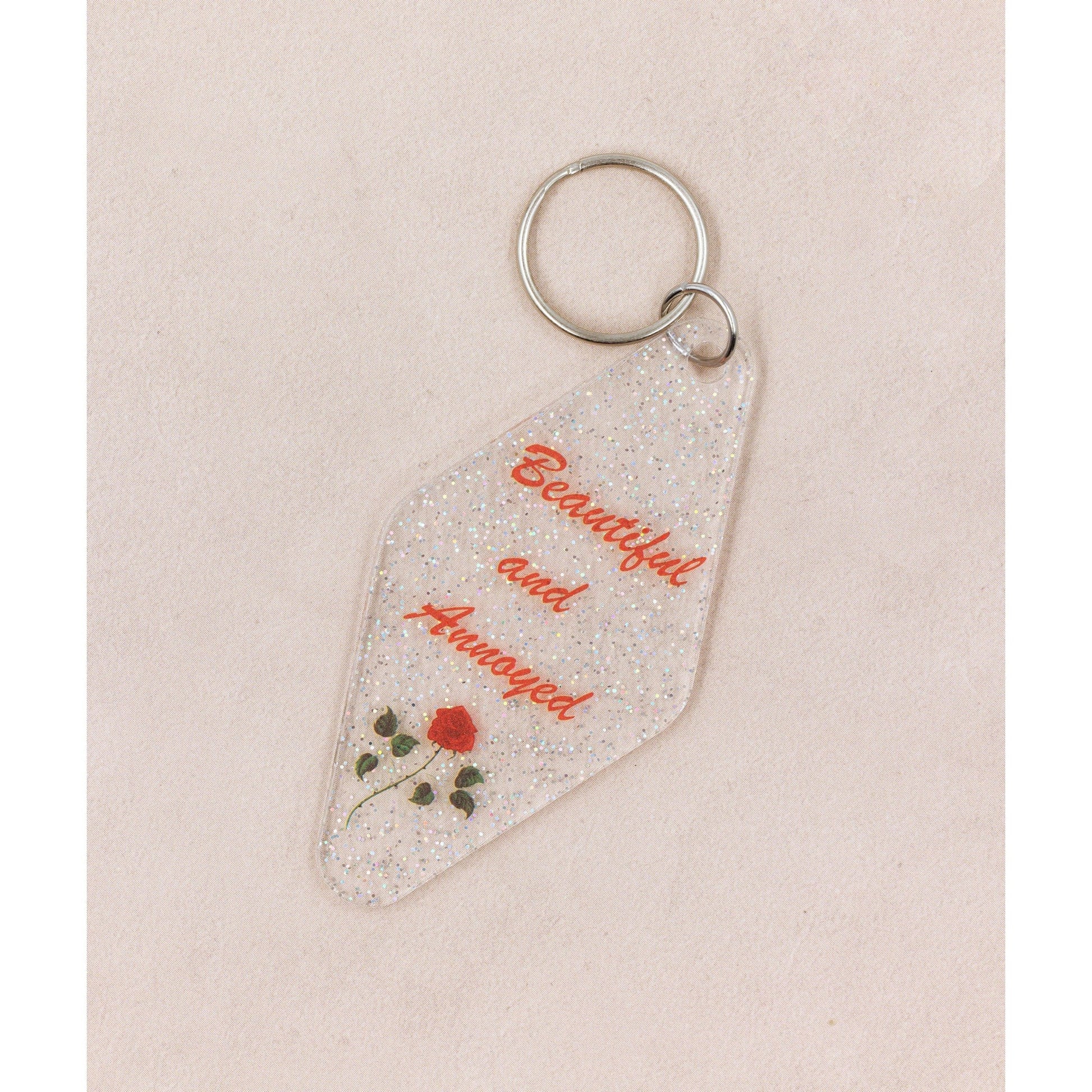 Beautiful and Annoyed Motel Style Key Tag Keychain in Transparent Glitter