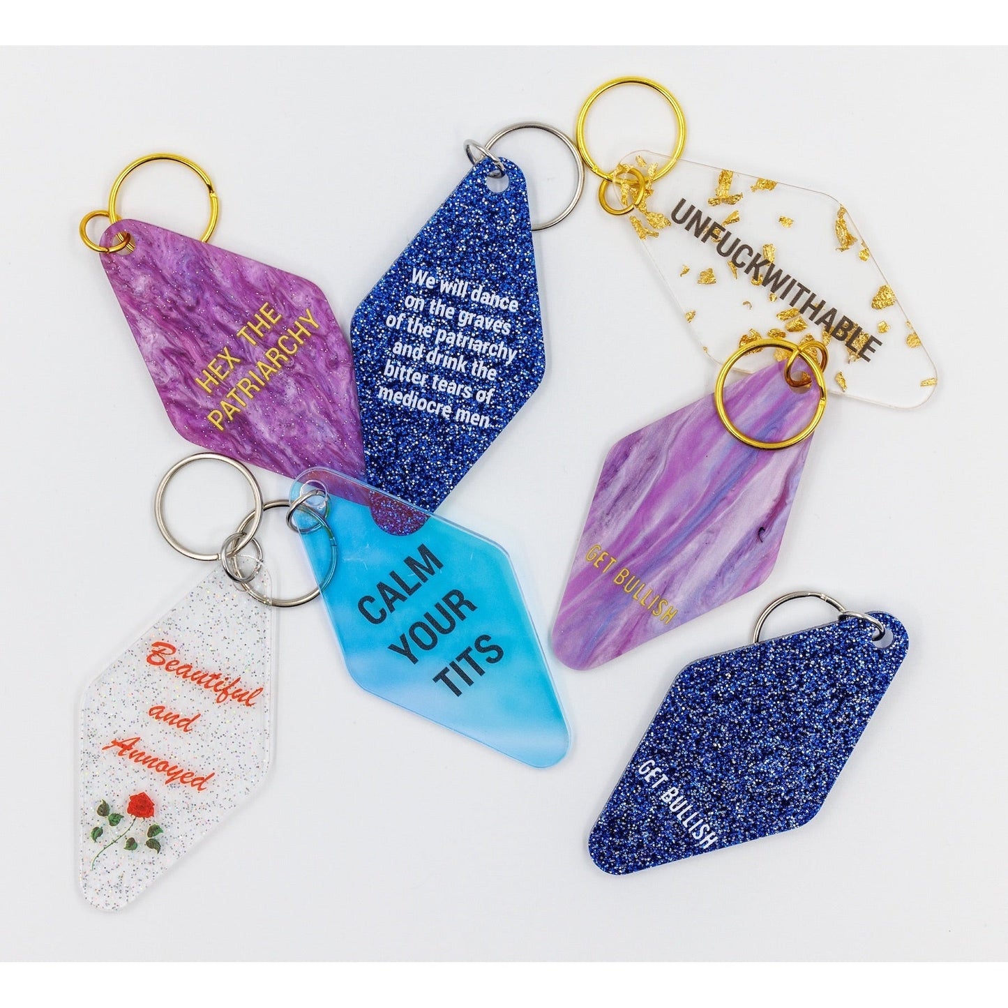 Beautiful and Annoyed Motel Style Key Tag Keychain in Transparent Glitter