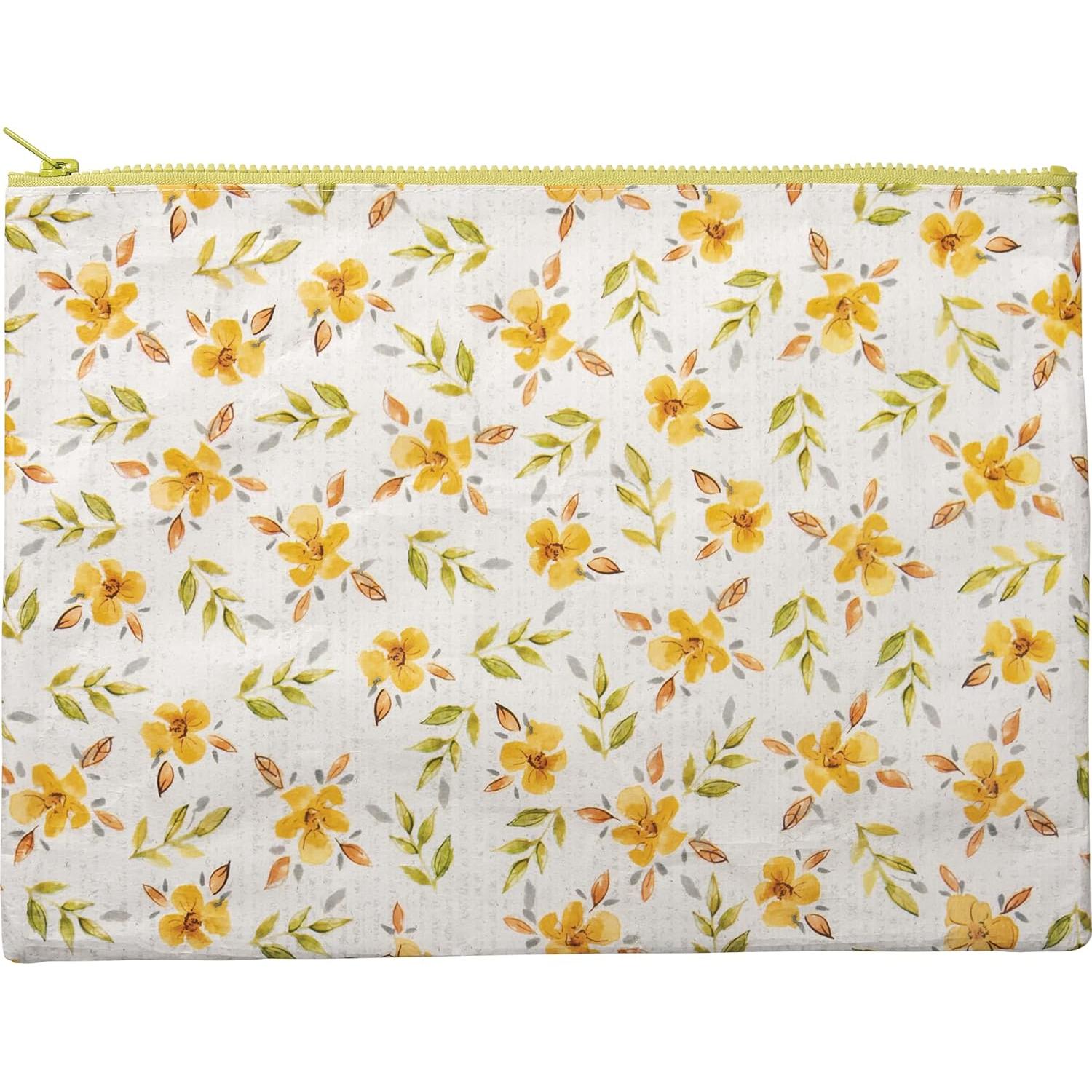 Floral patterned pouch with yellow flowers and green leaves