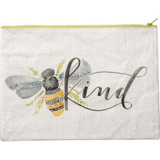 Pouch with bee design and 'Kind' text on a light background