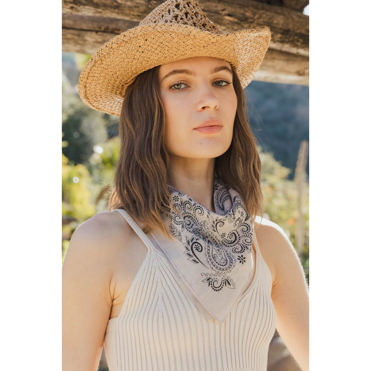 Beige Paisley Floral Patterned Bandana | Unisex Boho Neck Scarf