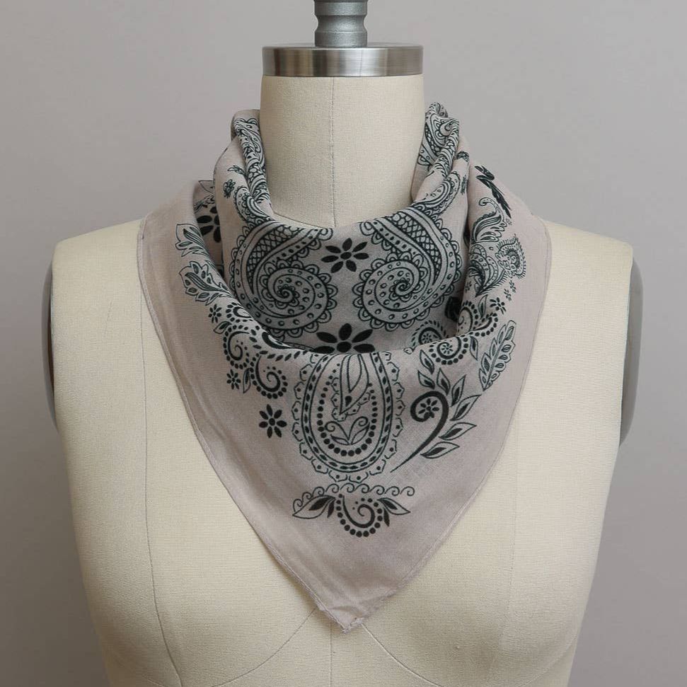 Beige Paisley Floral Patterned Bandana | Unisex Boho Neck Scarf