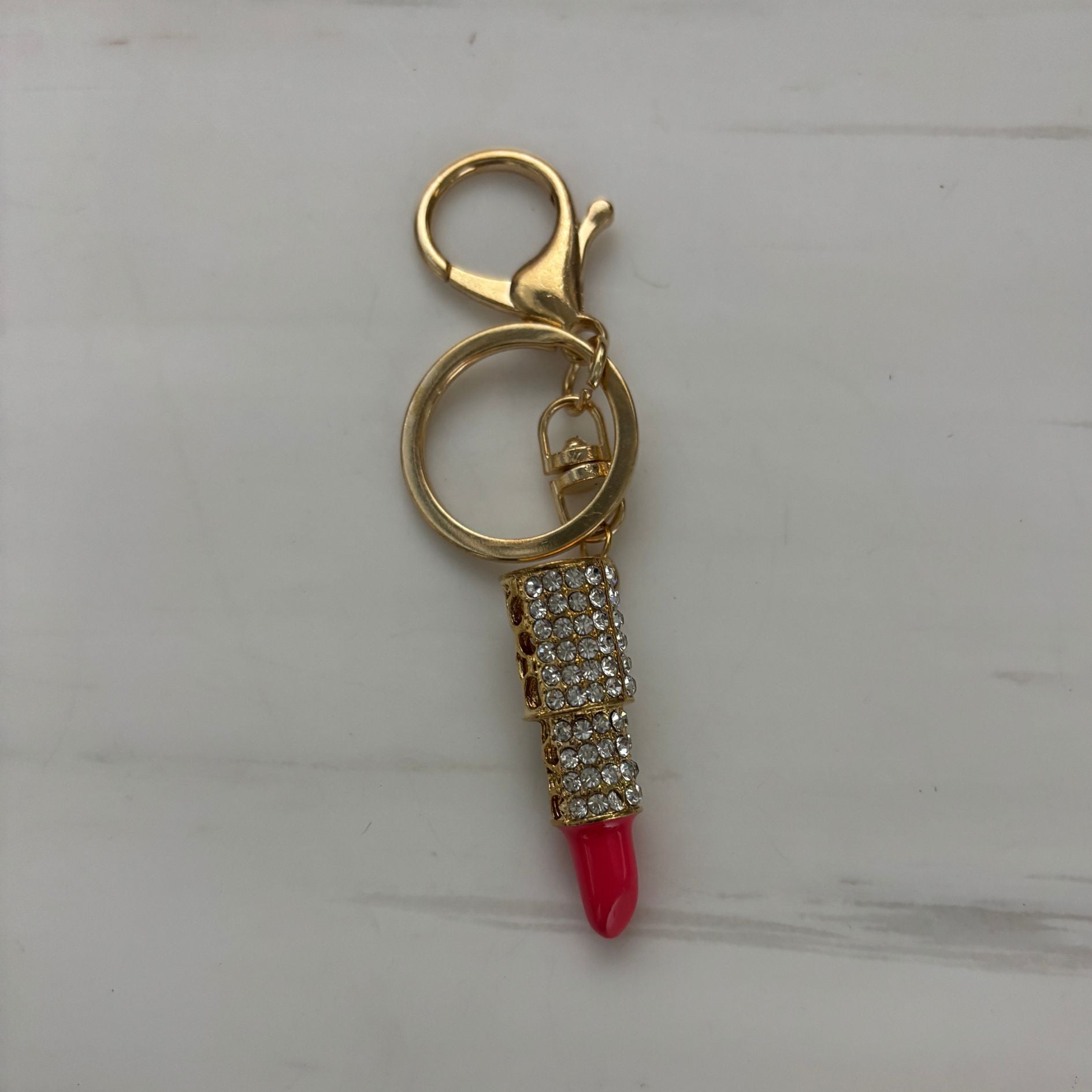 Bejeweled Lipstick Keychain & Bag Charm | Cute Pink & Gold Mini Charm