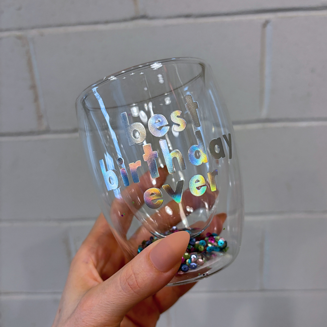 Best Birthday Ever Confetti Cup! Double-Wall Stemless Party Glass With Sequins Inside