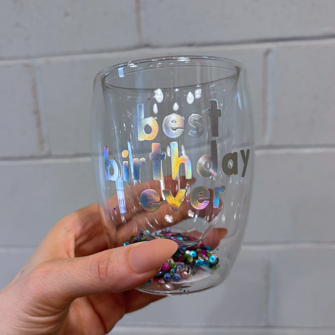 Best Birthday Ever Confetti Cup! Double-Wall Stemless Party Glass With Sequins Inside