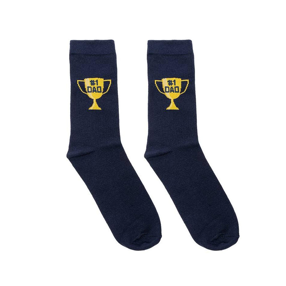 Pair of navy blue socks with yellow trophy design 