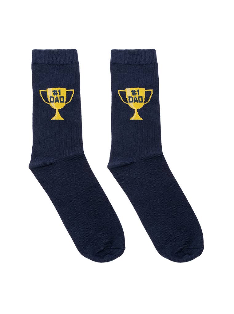 Pair of navy blue socks with yellow trophy design 
