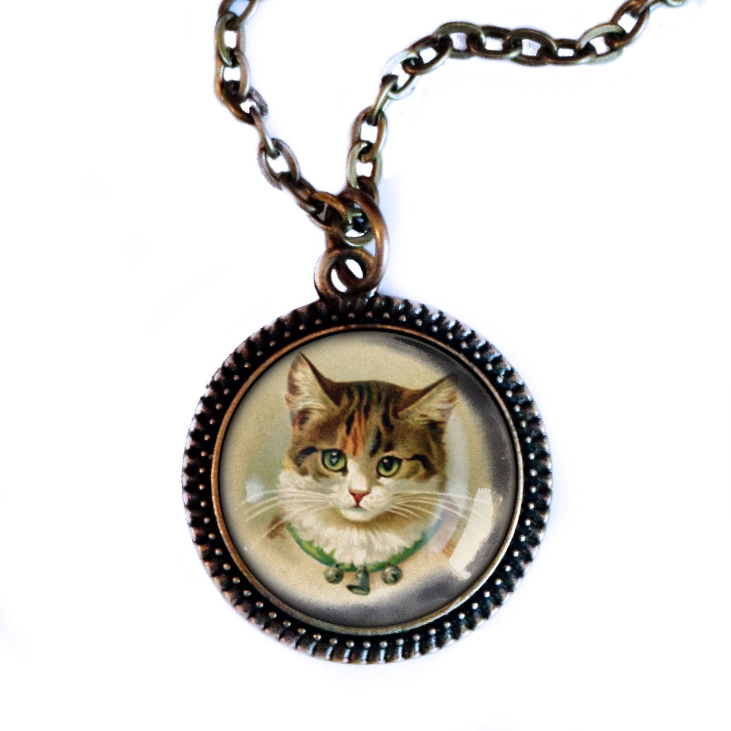 Best Friends Calico Cat Pendant Necklace | Vintage Inspired Glass Cabochon, Handmade Cat Jewelry
