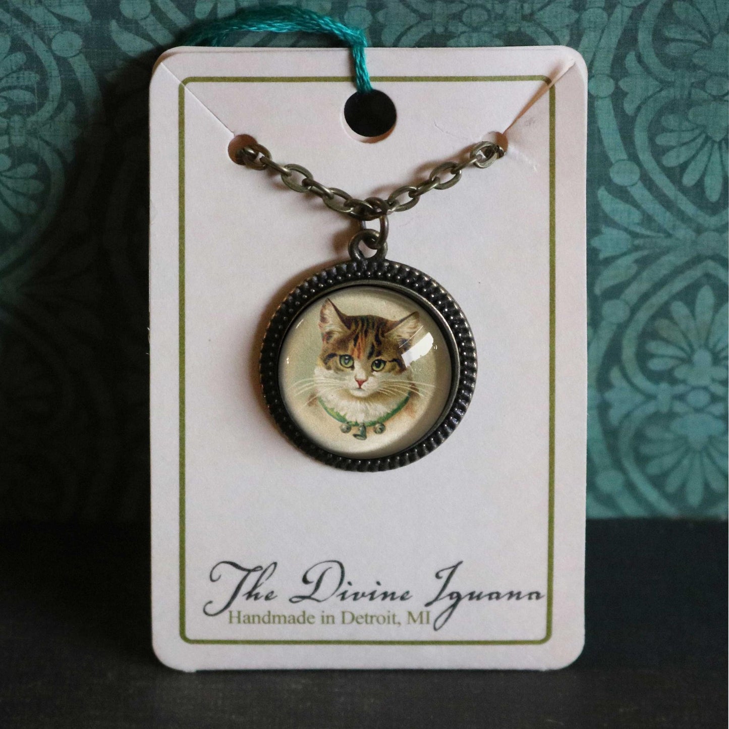 Best Friends Calico Cat Pendant Necklace | Vintage Inspired Glass Cabochon, Handmade Cat Jewelry