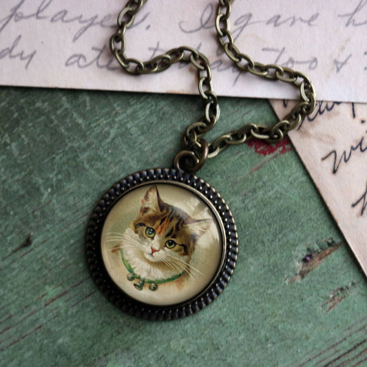 Best Friends Calico Cat Pendant Necklace | Vintage Inspired Glass Cabochon, Handmade Cat Jewelry