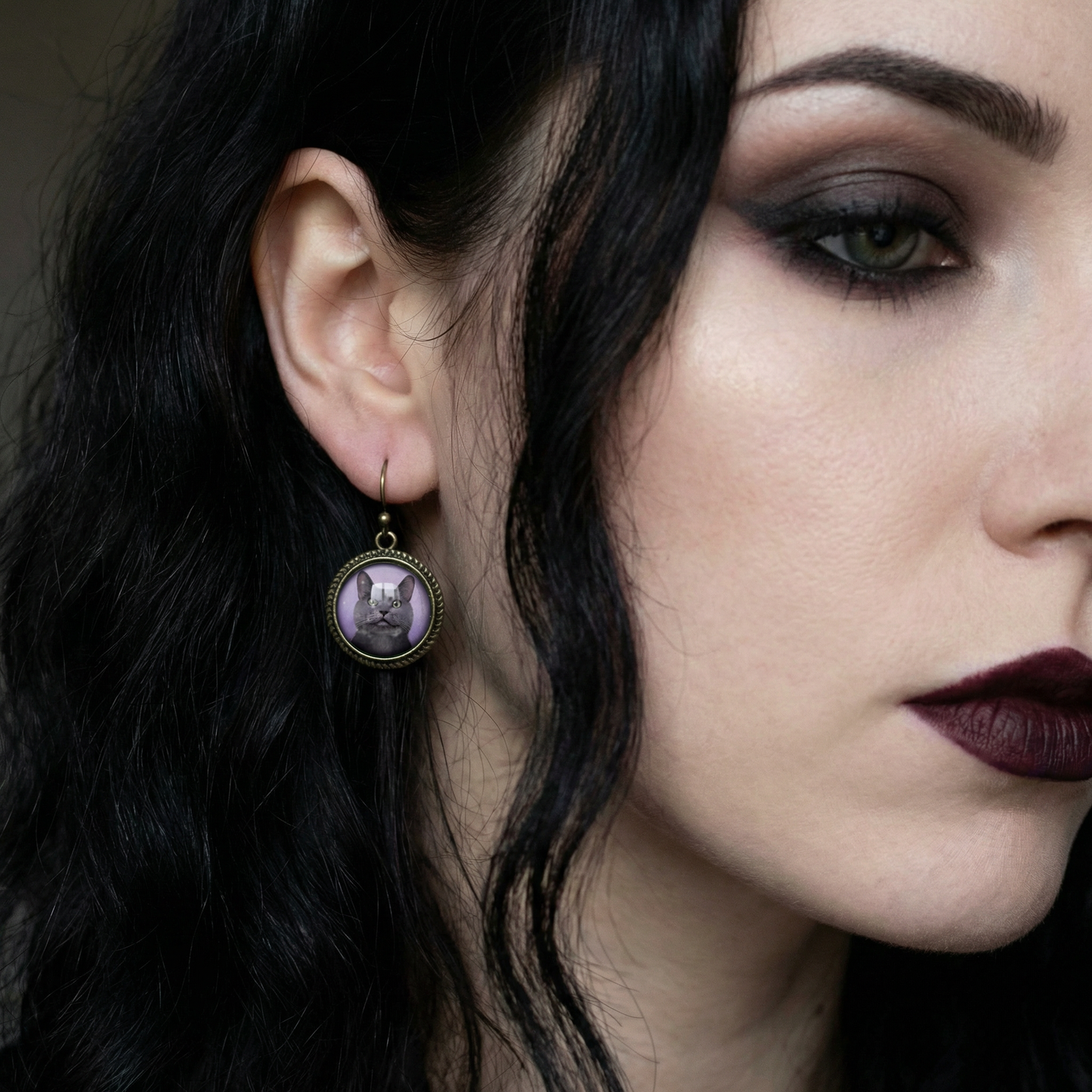 Best Friends Russian Blue Cat Earrings | Gray Cat Glass Cabochon Antique Bronze Dangles