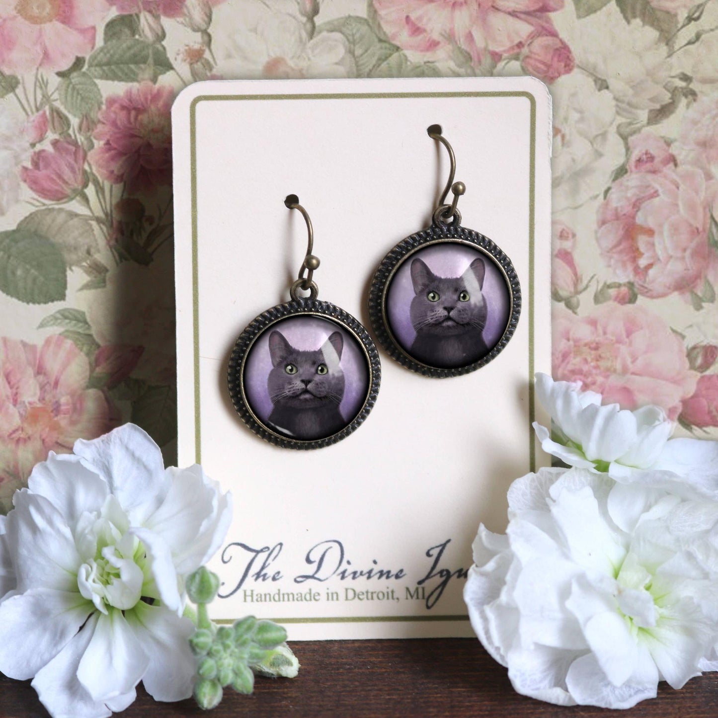 Best Friends Russian Blue Cat Earrings | Gray Cat Glass Cabochon Antique Bronze Dangles