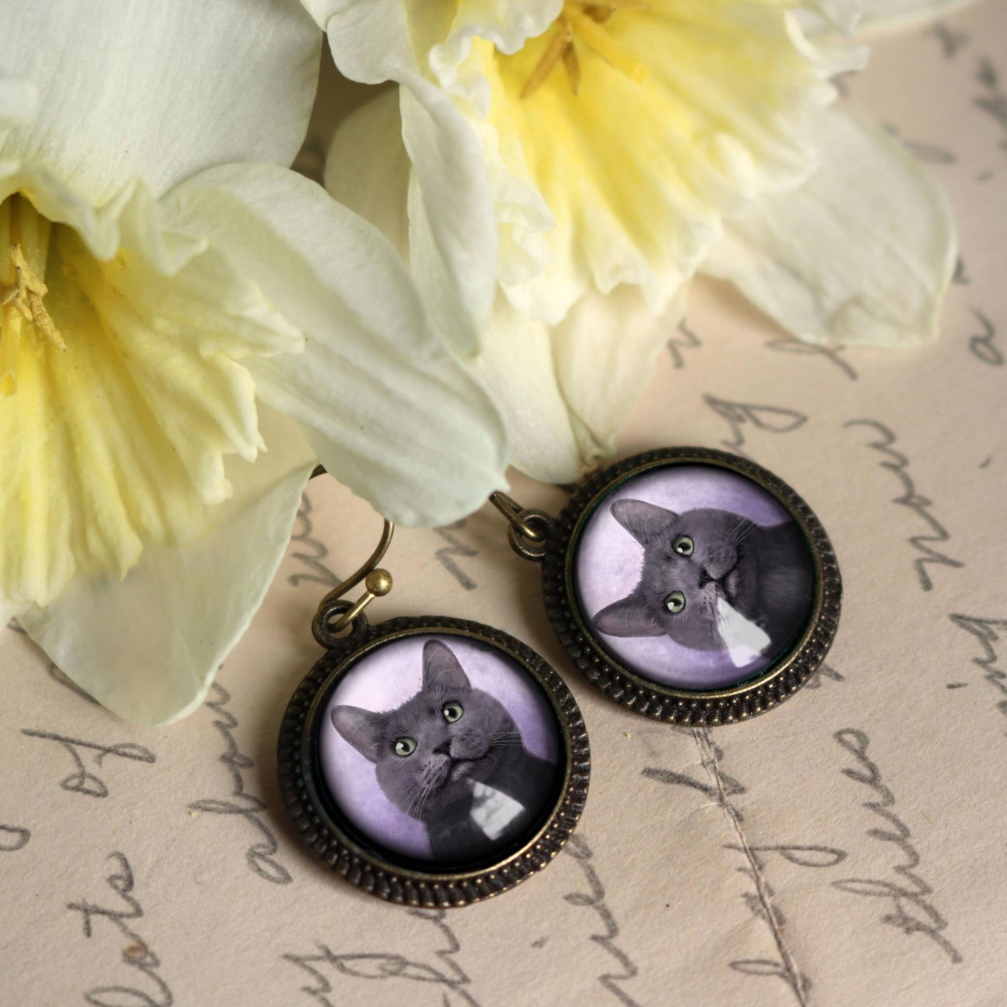 Best Friends Russian Blue Cat Earrings | Gray Cat Glass Cabochon Antique Bronze Dangles