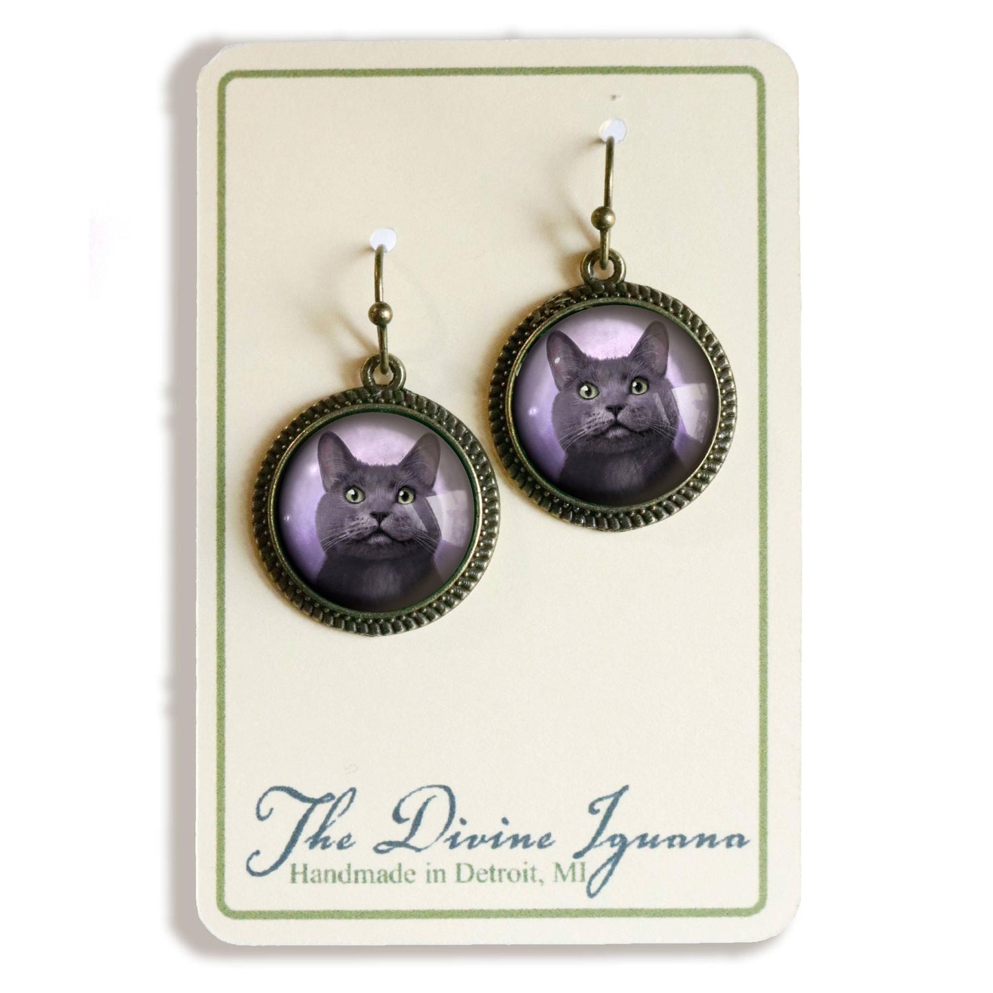 Best Friends Russian Blue Cat Earrings | Gray Cat Glass Cabochon Antique Bronze Dangles