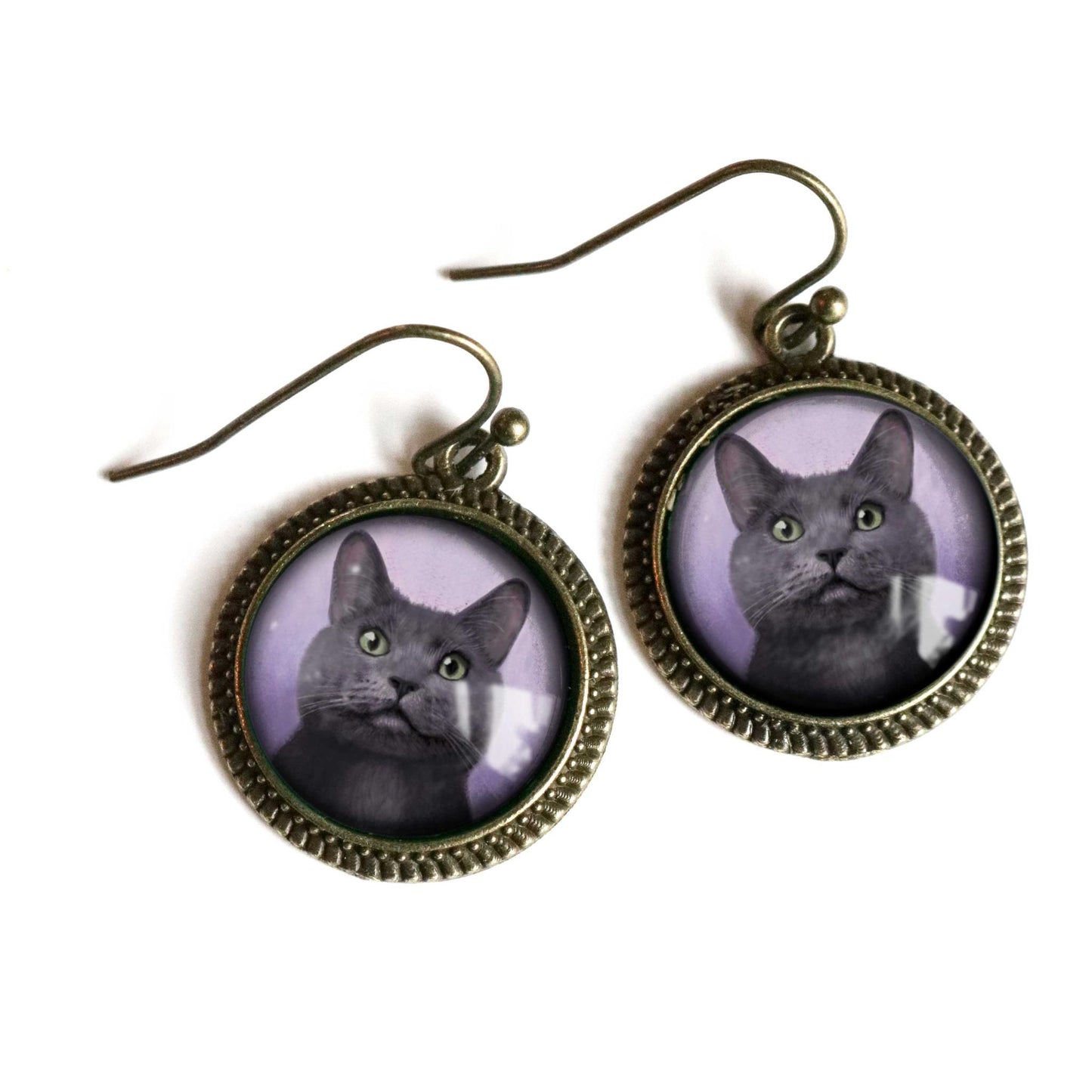 Best Friends Russian Blue Cat Earrings | Gray Cat Glass Cabochon Antique Bronze Dangles