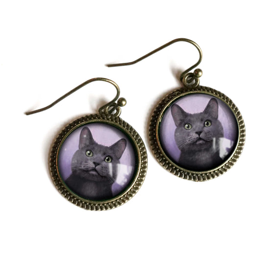 Best Friends Russian Blue Cat Earrings | Gray Cat Glass Cabochon Antique Bronze Dangles