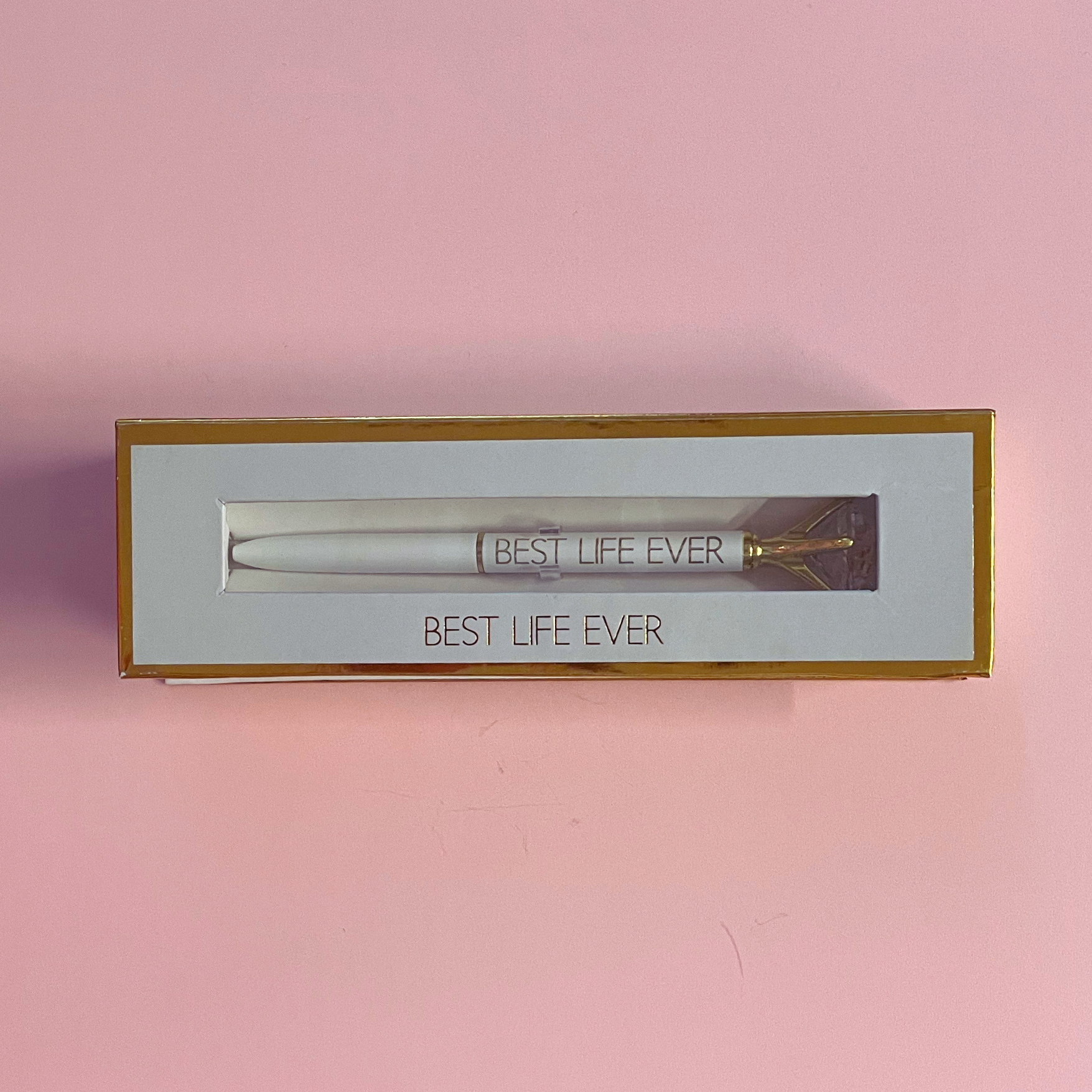 Pen with 'Best Life Ever' text in a box on a pink background