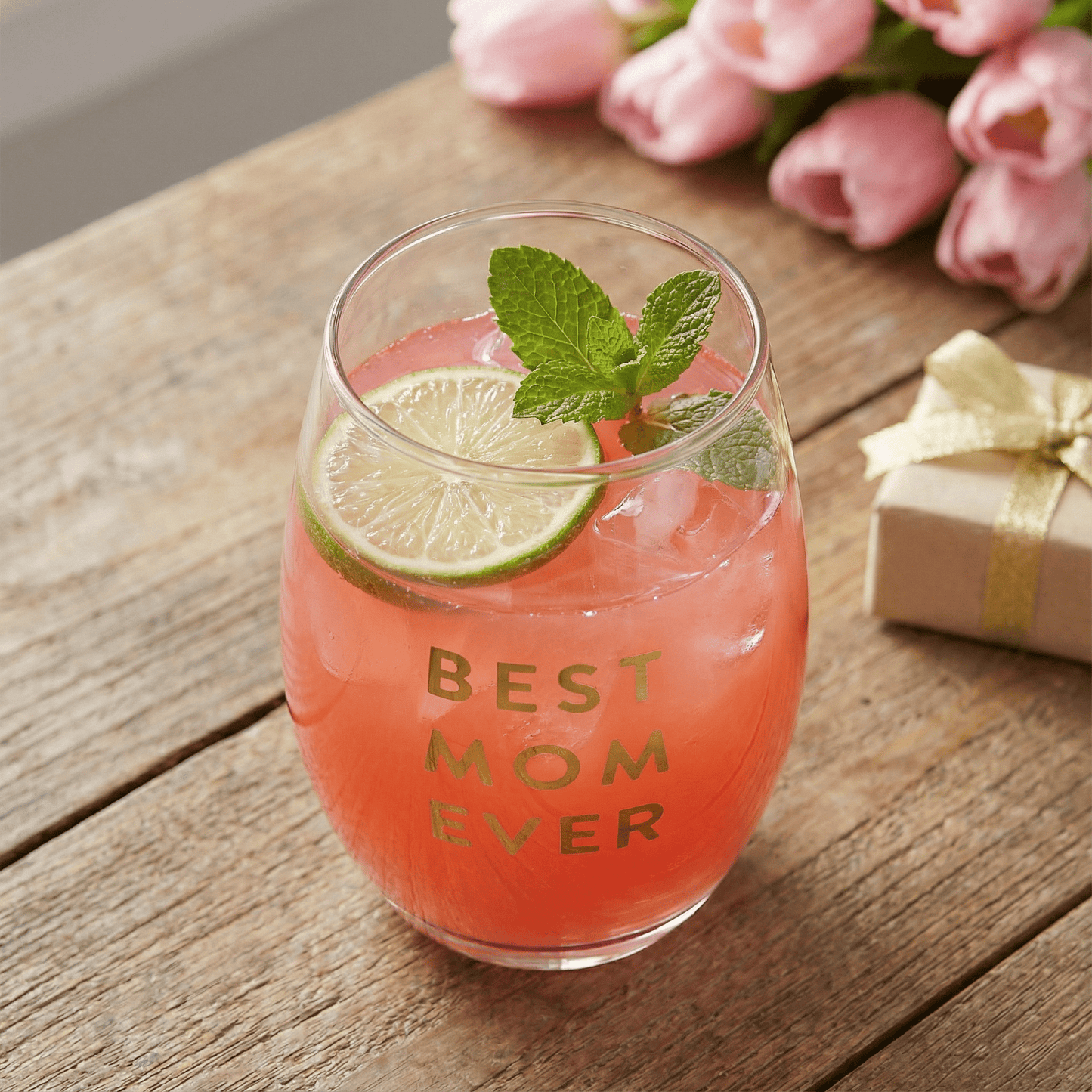 Best Mom Ever Stemless Wine Glass | Crystal Clear Drinkware Gift For Mother's Day | 17 oz