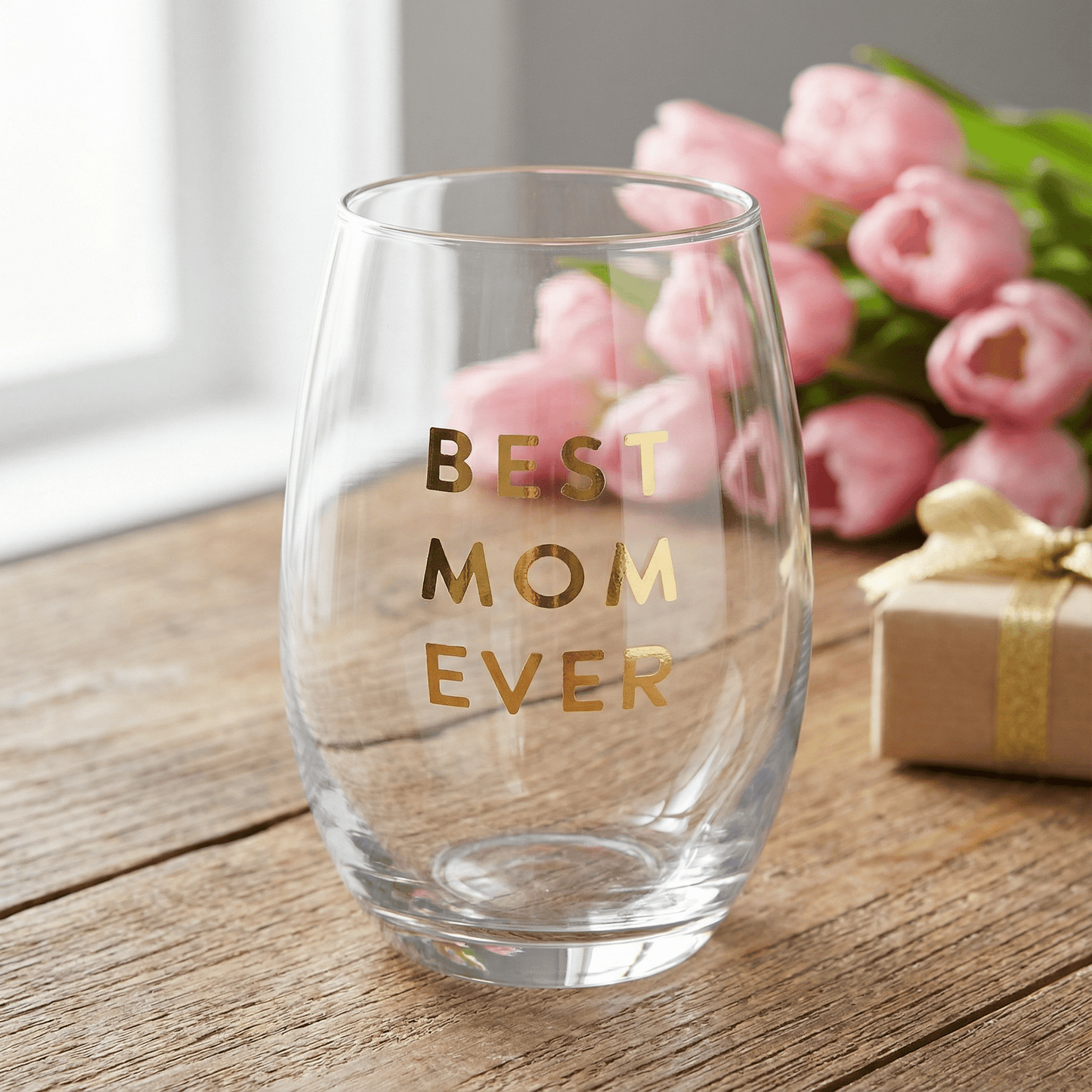 Best Mom Ever Stemless Wine Glass | Crystal Clear Drinkware Gift For Mother's Day | 17 oz