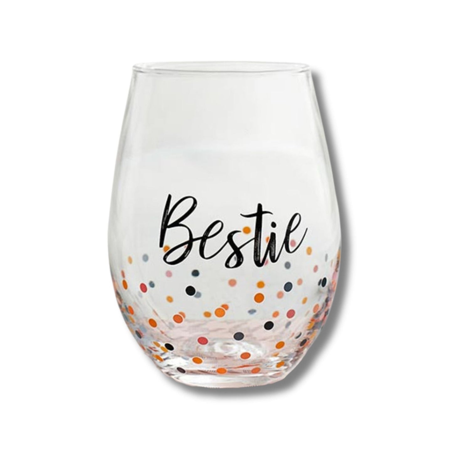 Clear glass with 'Bestie' text and multicolored polka dots on a white background
