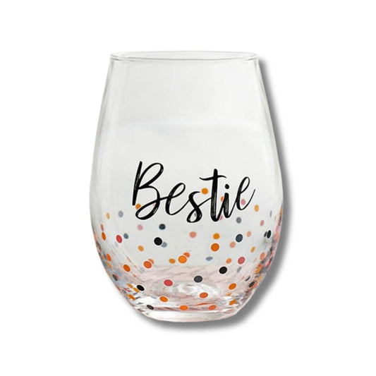 Clear glass with 'Bestie' text and multicolored polka dots on a white background