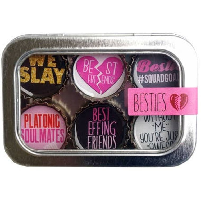 Besties Magnets 6 Pack | Round Bottle-Cap Style Magnet Set in a Gift Tin