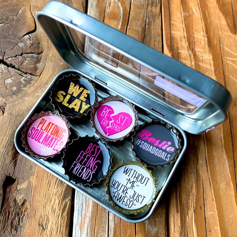 Besties Magnets 6 Pack | Round Bottle-Cap Style Magnet Set in a Gift Tin
