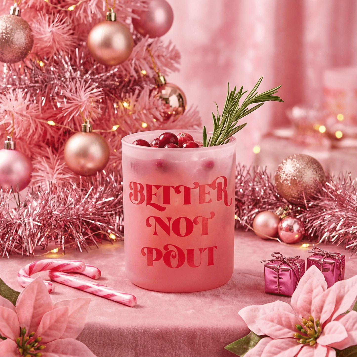 Better Not Pout Glass in Tinted Pink | Classic Old Fashion Holiday Drinkware | 12 oz