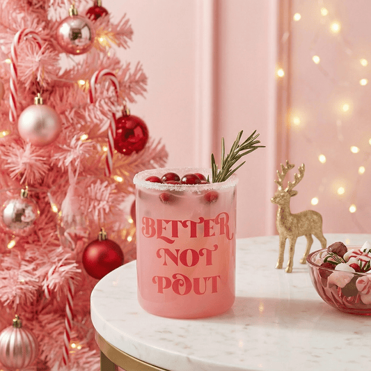 Better Not Pout Glass in Tinted Pink | Classic Old Fashion Holiday Drinkware | 12 oz