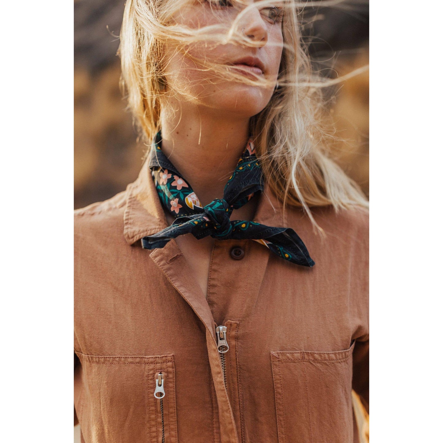 Betty Bandana in Black with Gold, Pink, & Green Flowers | Handmade in India | Cotton Scarf | 22'' x 22''