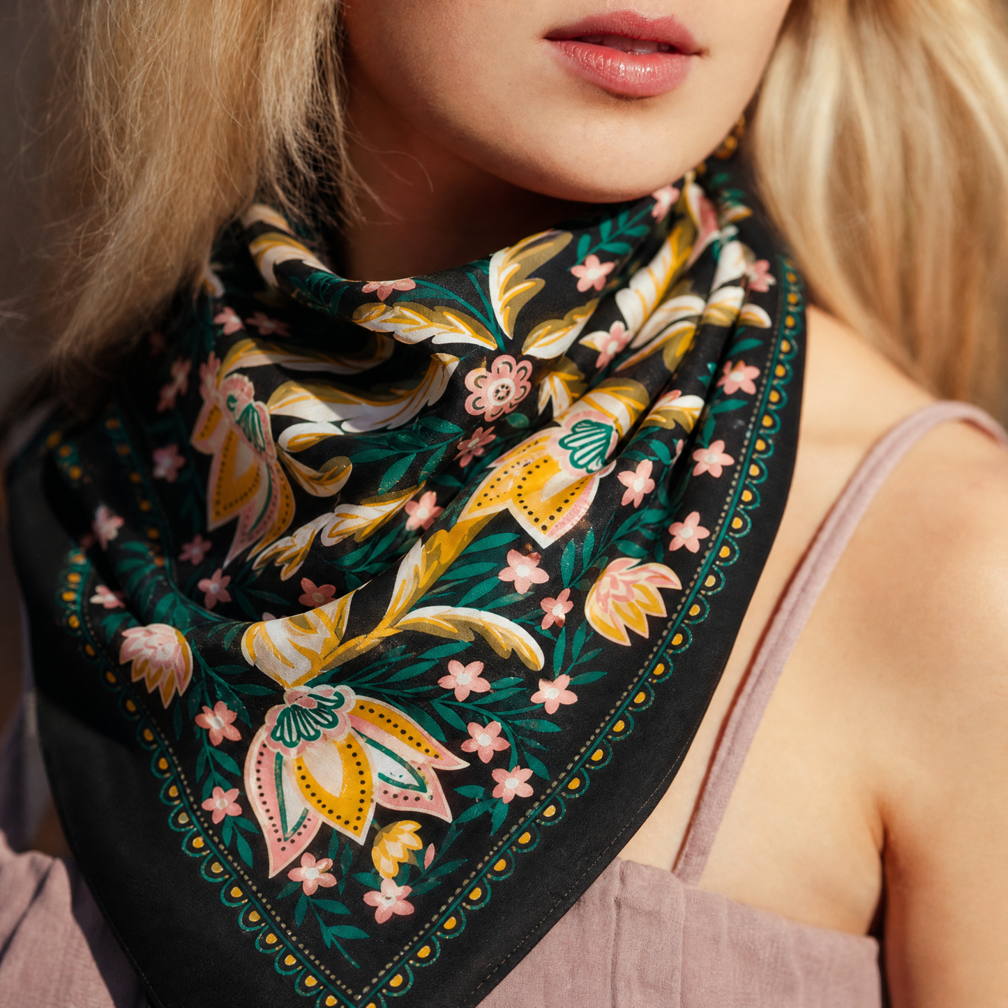 Betty Bandana in Black with Gold, Pink, & Green Flowers | Handmade in India | Cotton Scarf | 22'' x 22''