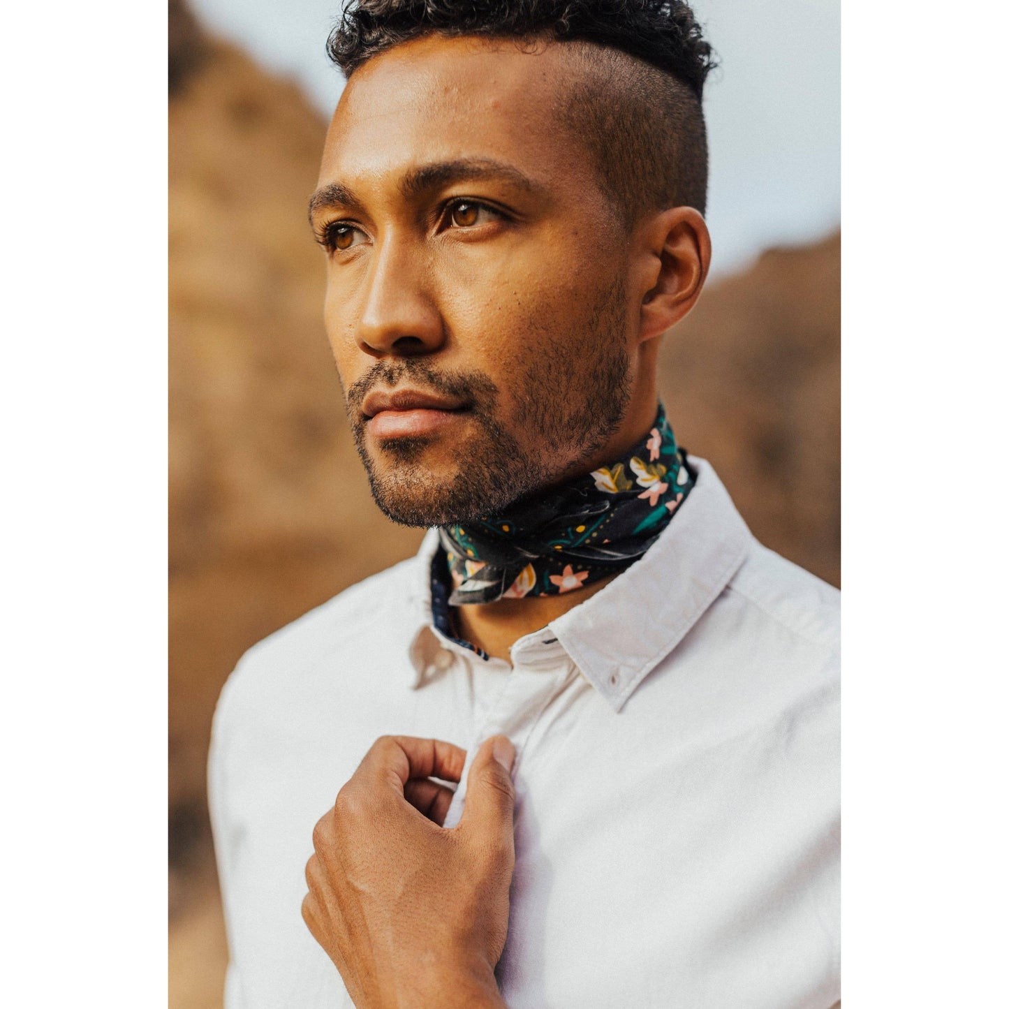 Betty Bandana in Black with Gold, Pink, & Green Flowers | Handmade in India | Cotton Scarf | 22'' x 22''