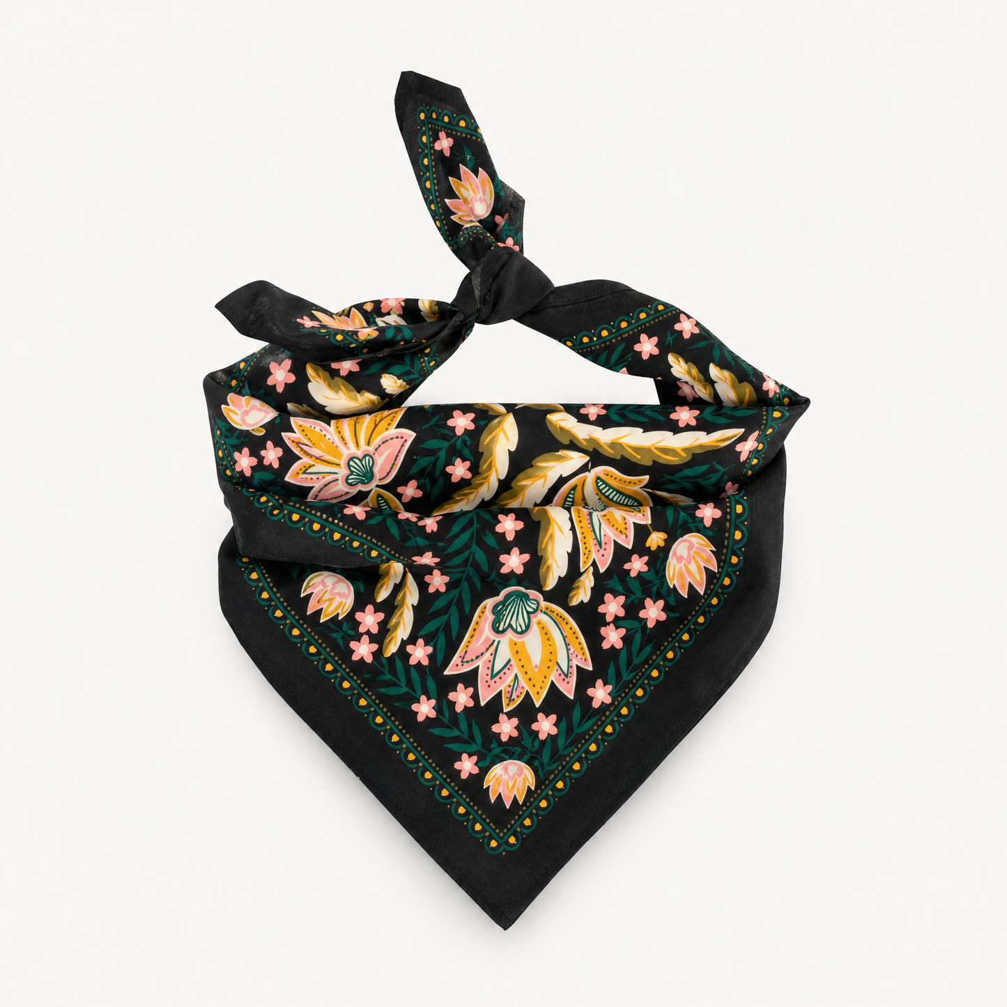 Betty Bandana in Black with Gold, Pink, & Green Flowers | Handmade in India | Cotton Scarf | 22'' x 22''