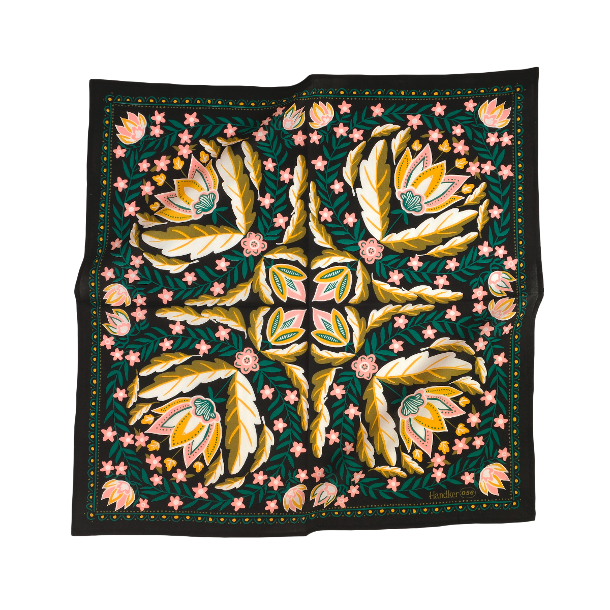 Betty Bandana in Black with Gold, Pink, & Green Flowers | Handmade in India | Cotton Scarf | 22'' x 22''