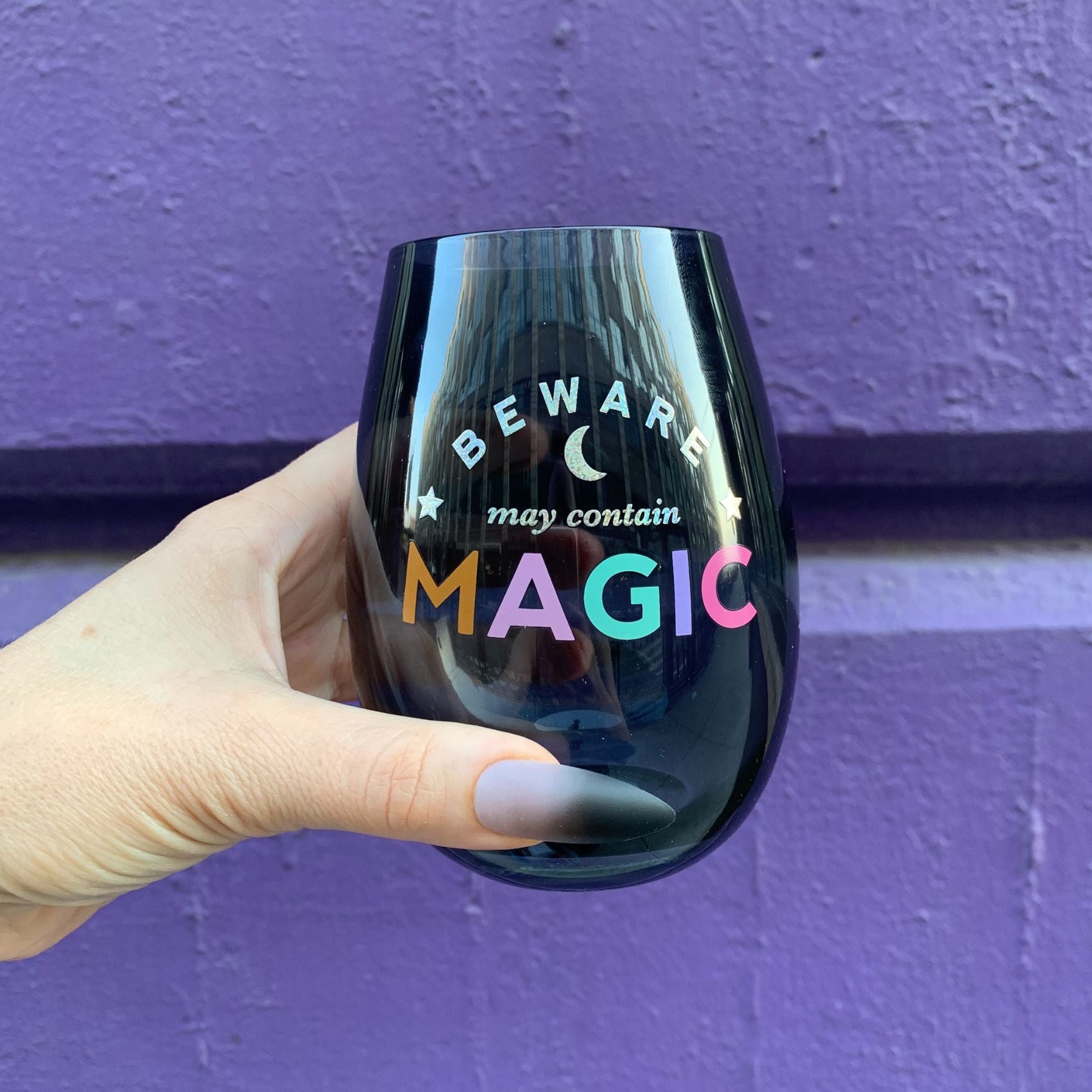 Beware of Magic Stemless Wine Glass in Black | 20 Oz