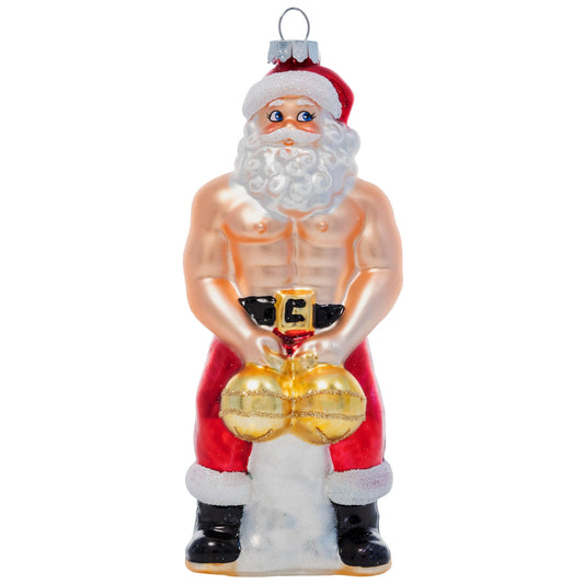 Glass ornament of a muscular Santa Claus holding gold balls on a white background